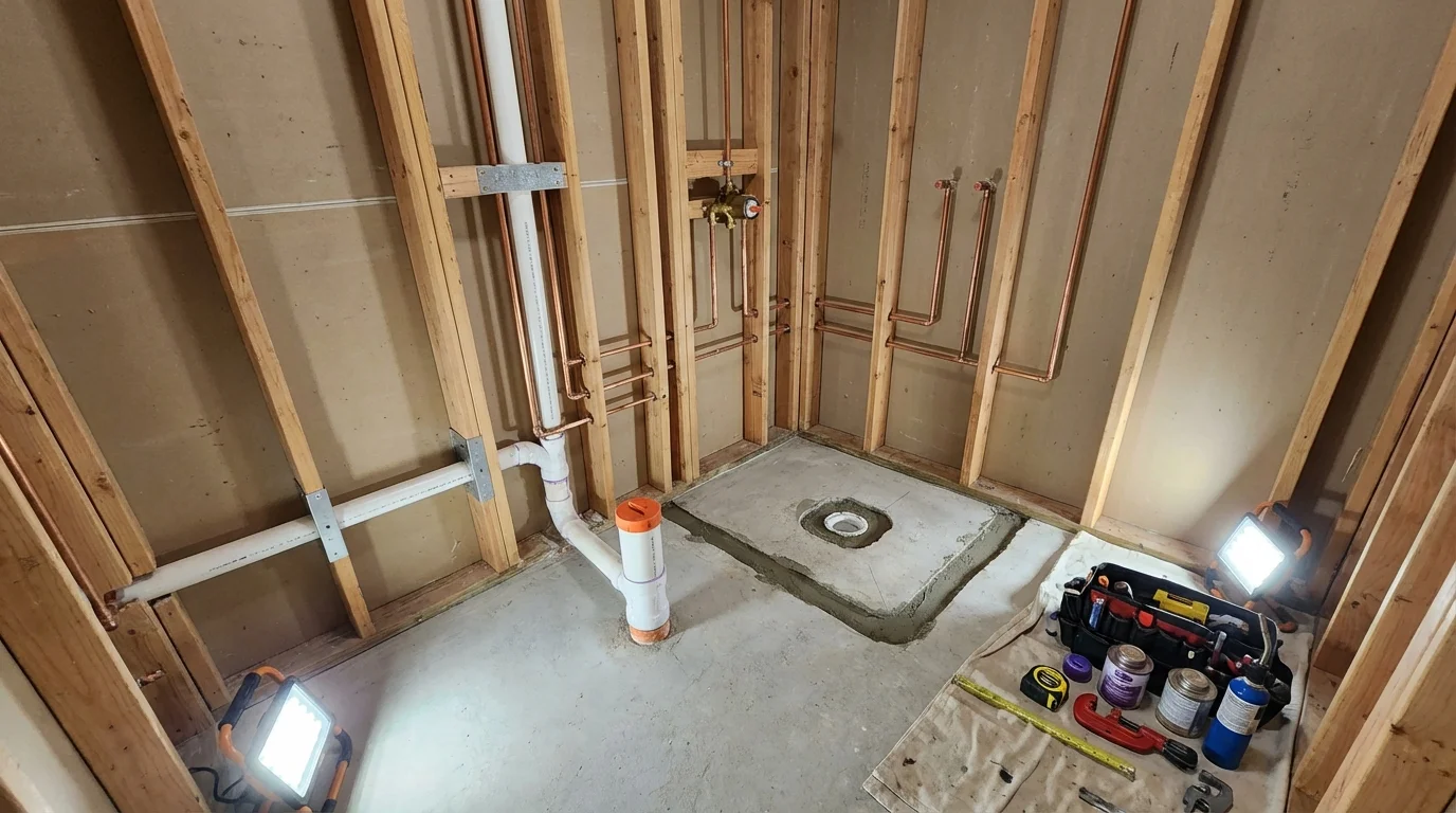 Bathroom rough-in plumbing during remodel by Johns Plumbing LLC in Baraboo