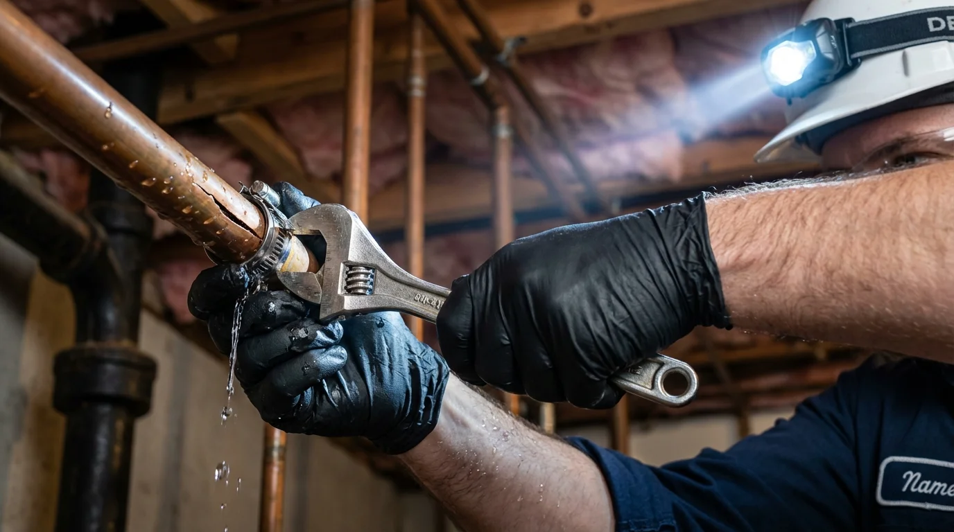 Emergency pipe clamp repair being performed by a Johns Plumbing LLC plumber in Baraboo
