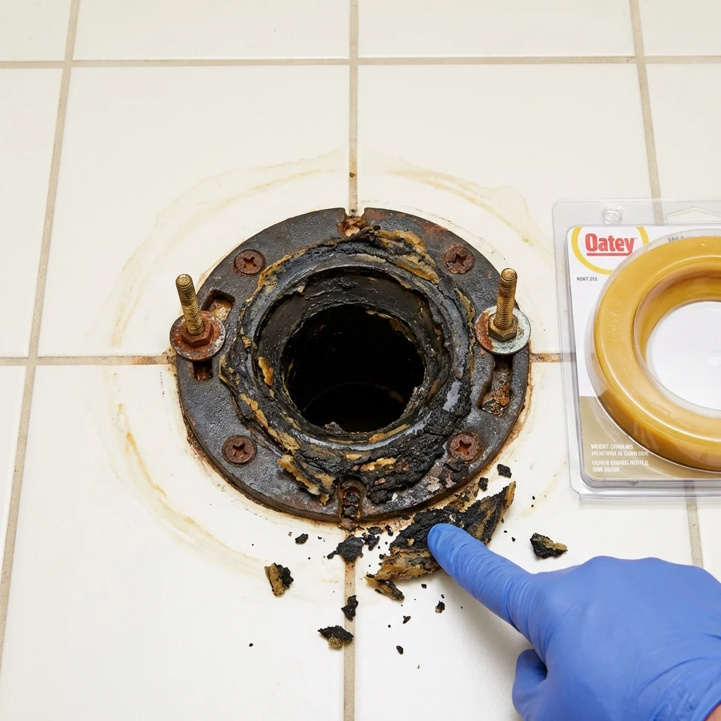 Failed wax ring showing water seepage at the base of a toilet in a Baraboo, WI home